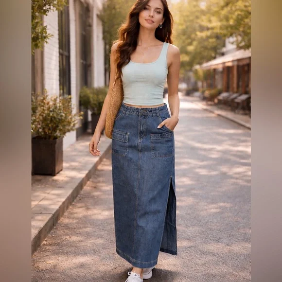 Lucky Brand Denim Maxi Skirt | Vintage Style | Size 4/27 | Side Slits - Picture 1 of 16